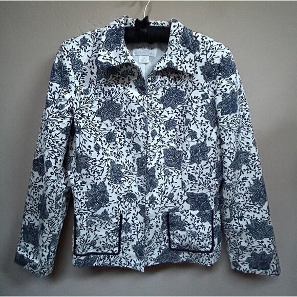 OSCAR by Oscar de La Renta Women Sz 1 Silk Blend Floral Blazer Jacket Blue White